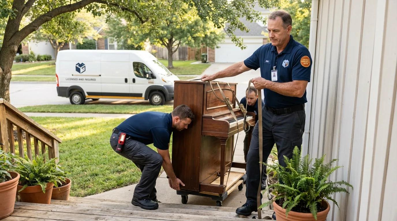 Licensed piano movers securing grand piano in Spring Lake, NC