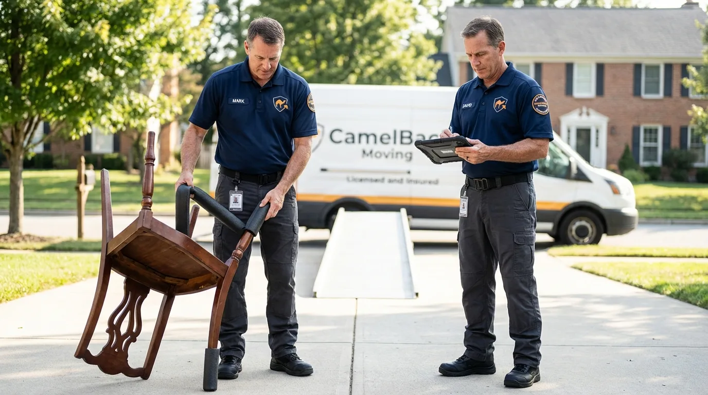 Movers inspecting furniture for damage prevention before loading in Spring Lake, NC