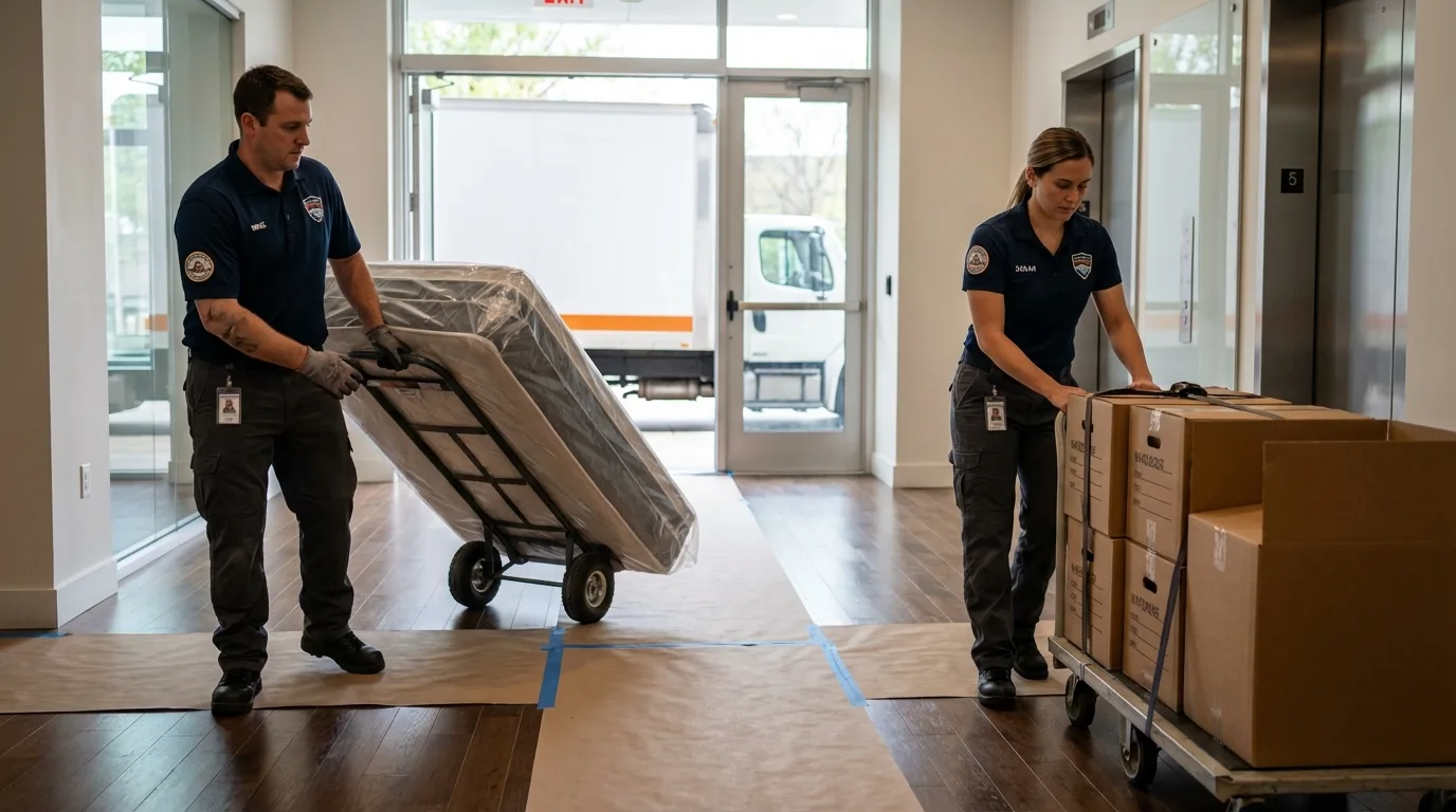 Professional apartment movers loading elevator in Spring Lake, NC