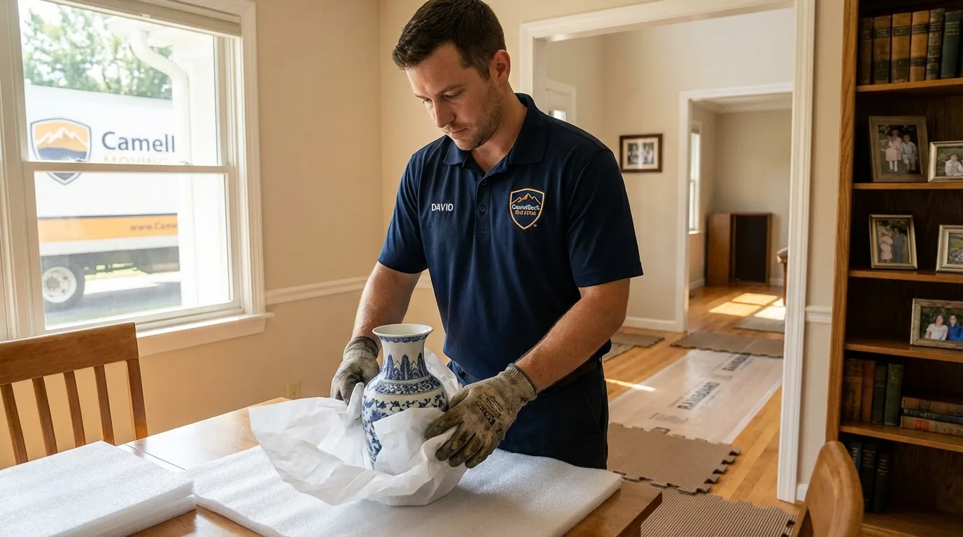 Professional crew carefully wrapping antique vase for senior downsizing move in Spring Lake, NC